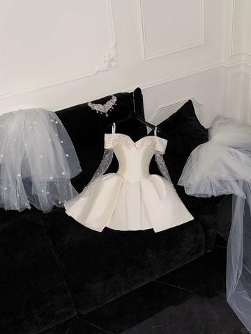 Cute A Line Off the Shoulder Beaded Ivory Satin Tulle Short Homecoming Dress Birthday Dress HZ1023
